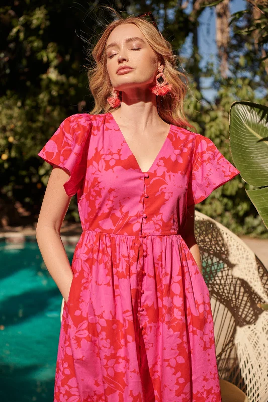 Blissa Floral Button Midi Dress Elegant V-Neck Midi Dress