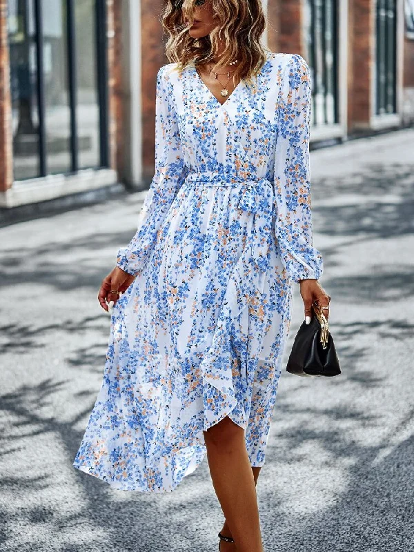 FashionSierra - Bohemia Asymmetrical Floral Print Midi Dress Cozy A-Line Midi Dress