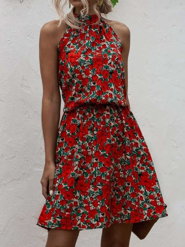 Boho Floral Printed Mini Dresses in Red Comfortable Ruffle Mini Dress