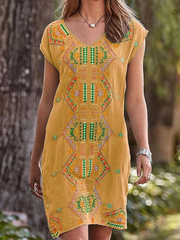 Boho Geometric Short Sleeves Mini Dress Trendy Wraparound Mini Dress