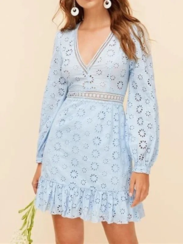 Boho Plunging Neck Lace Insert Embroidered Eyelet Mini Dress Classic Black Mini Dress Boho Plunging Neck Lace Insert Embroidered Eyelet Mini Dress Classic Black Mini Dress