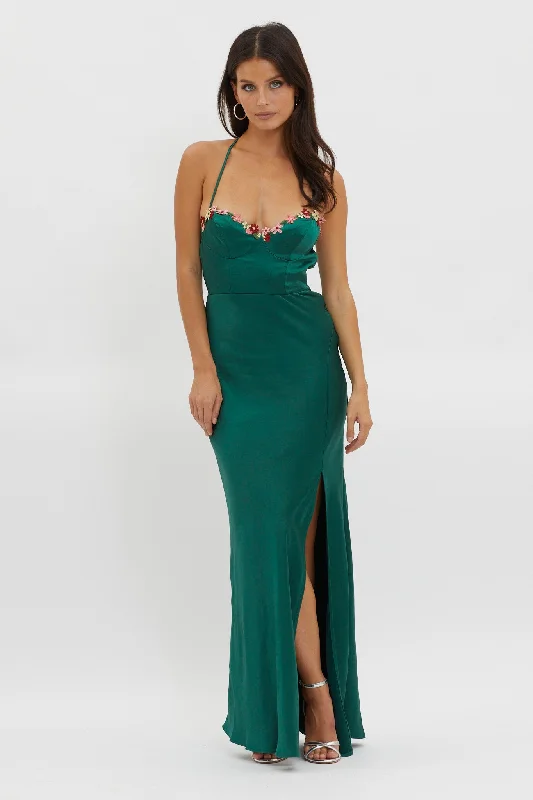 Bonsoir Floral Embroidery Trim Maxi Dress Forest Green Comfortable Bohemian Maxi Dress