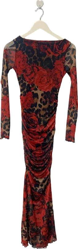 Boohoo Red Mixed Leopard Ruched Mesh Maxi Dress UK 8 Trendy Off-Shoulder Ruffle Maxi Dress