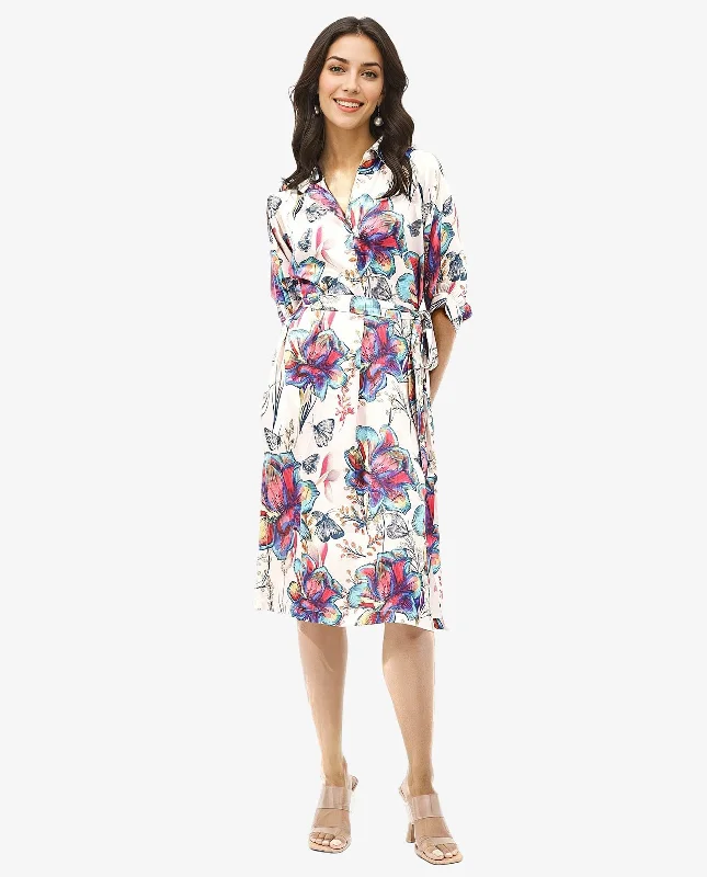 Rareism Women Borriso Multi Raglan Sleeves Regular Collar A-Line Floral Print Midi Dress Elegant V-Neck Midi Dress