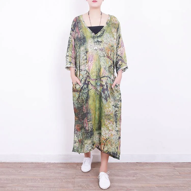 boutique green linen maxi dress Loose fitting v neck traveling dress Fine side open maxi dresses Stylish A-Line Maxi Dress