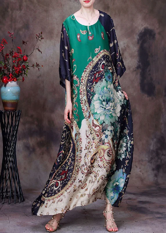 Boutique Green O-Neck Original Design Print Draping Silk Maxi Dress Half Sleeve Cozy Maxi Dress with Slit