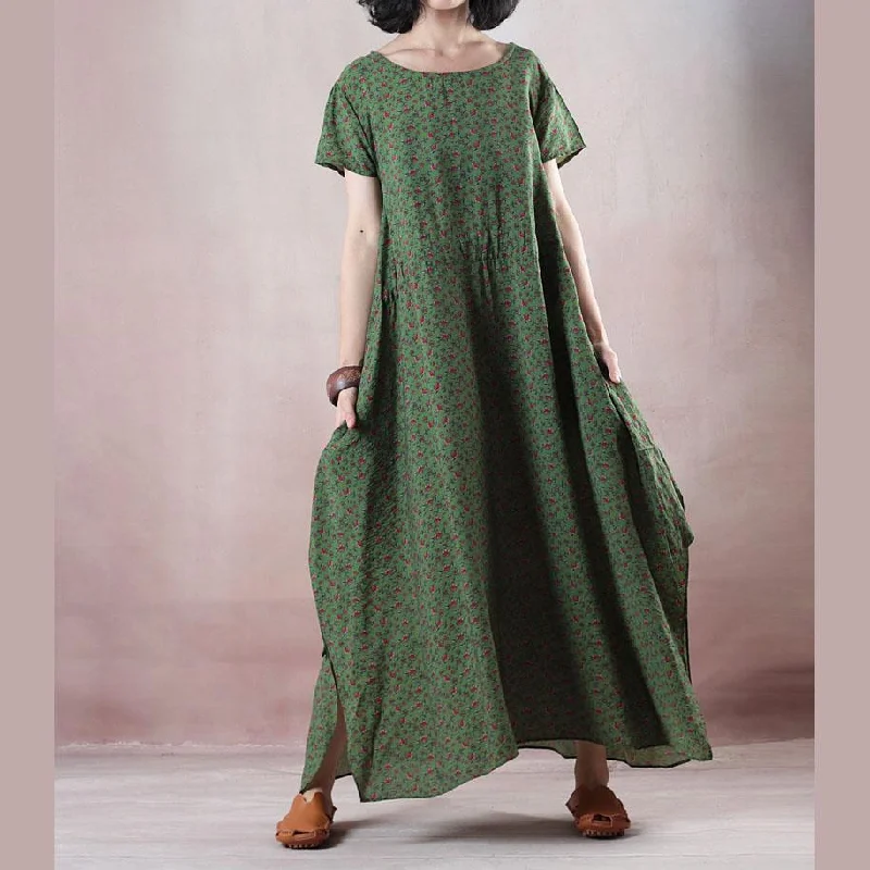 boutique green print long linen dresses oversized O neck short sleeve linen maxi dress New side open linen dress Cozy Spaghetti Strap Maxi Dress