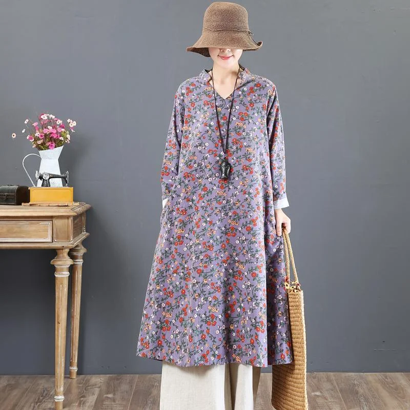 boutique purple prints cotton maxi dress oversized stand collar cotton clothing dress New loose waist autumn dress Classic Black Maxi Dress