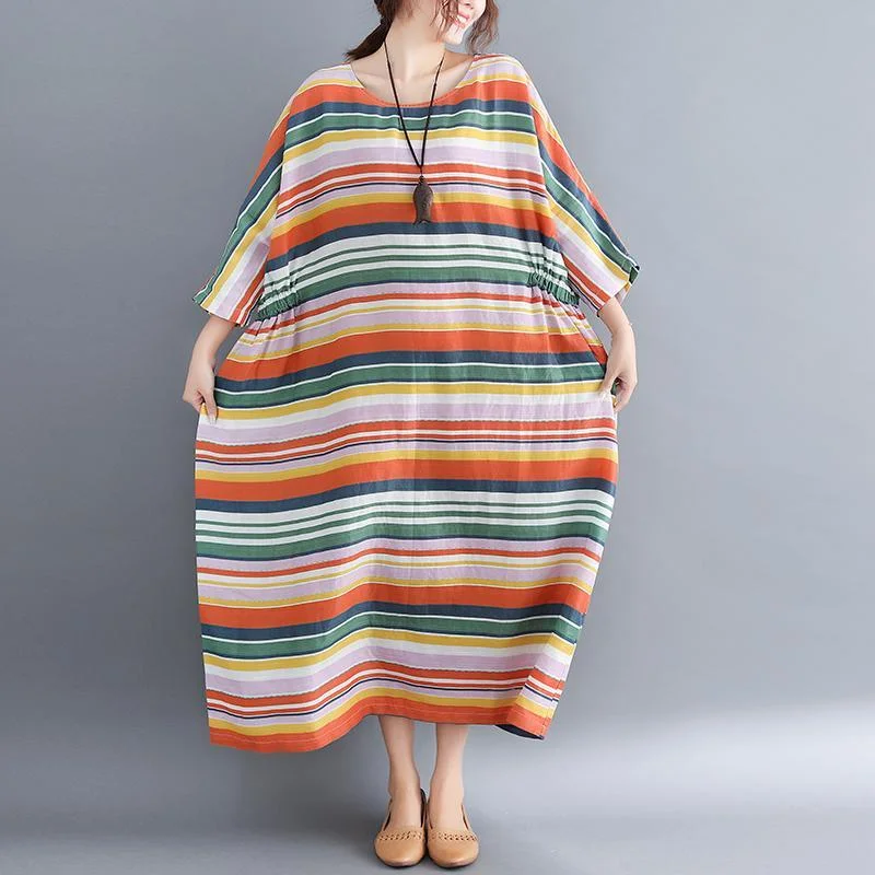 boutique rainbow striped long cotton blended dresses plus size o neck baggy dresses gown casual Three Quarter sleeve maxi dresses Chic Sleeveless Maxi Dress