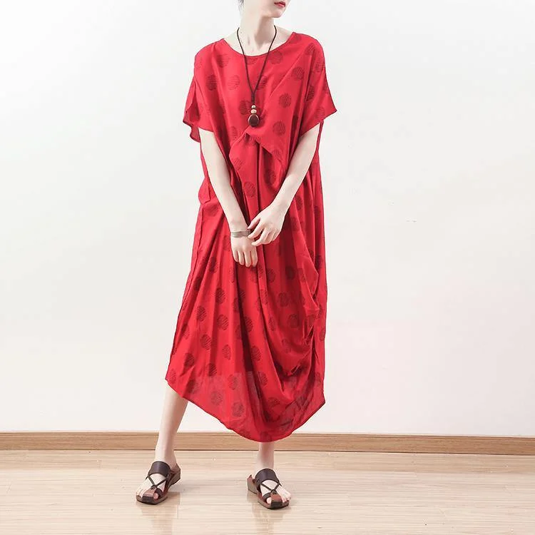 boutique red dotted natural linen dress oversized draping traveling clothing casual o neck maxi dresses Comfortable Long-Sleeve Maxi Dress