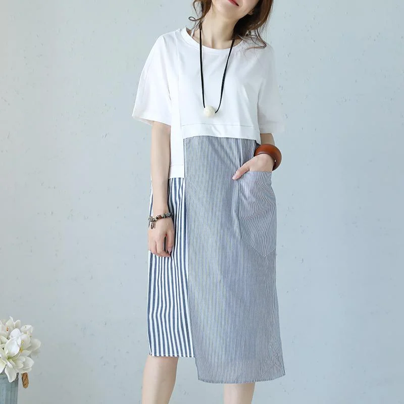 boutique white striped cotton maxi dress casual O neck short sleeve traveling dress Fine patchwork pockets cotton caftans Trendy Button Front Maxi Dress