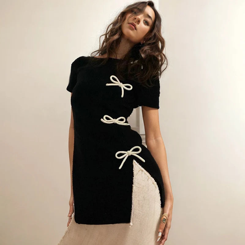 Bow Side Slit Sexy Hip Wrap Short Sleeve Retro Y2K Club Party Mini Dress Chic Sleeveless Mini Dress