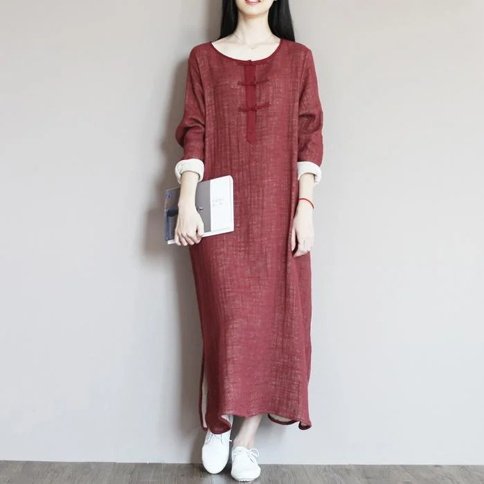 Brick red linen dress for summer caftan maxi dresses Fashionable Button-Down Maxi Dress