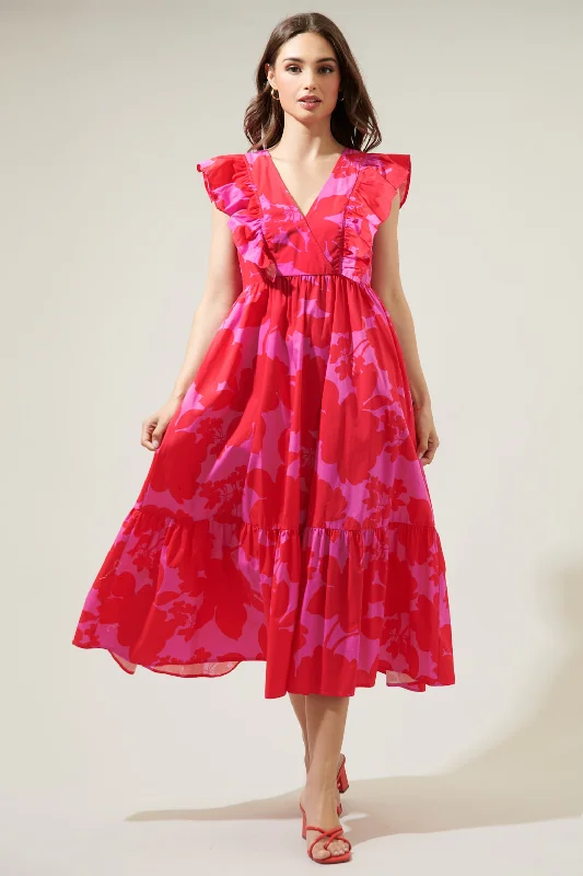 Briff Floral Fairness Poplin Surplice Midi Dress Comfortable Ruched Midi Dress