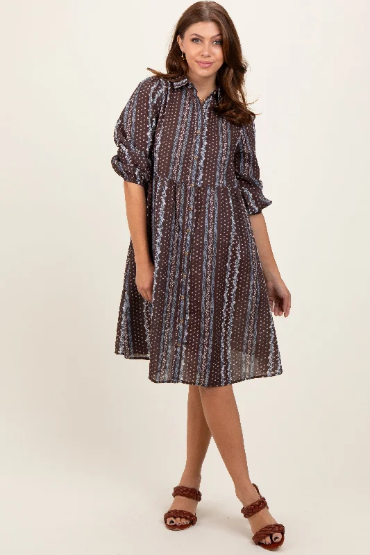 Brown Floral Striped Button Down Midi Dress Cozy T-shirt Midi Dress