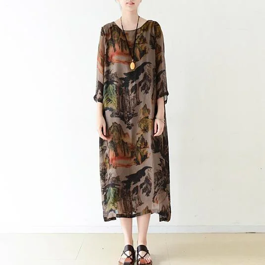 Brown flowy print chiffon dresses maxi dress long sleeve cotton lining Fashionable High-Waist Maxi Dress