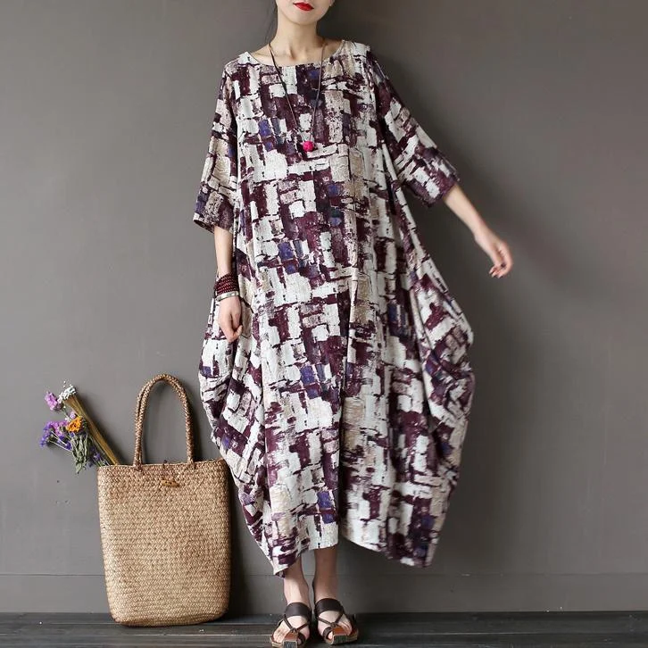 Brown Geometric Prints Linen Dresses Plus Size Vintage Long Sleeve Lantern Maxi Dress Elegant Lace Maxi Dress