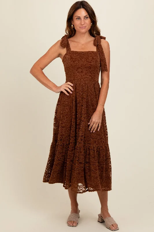 Brown Lace Shoulder Tie Ruffle Hem Midi Dress Comfortable Ruched Midi Dress