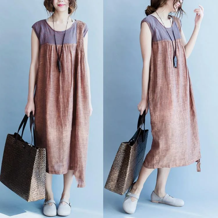 Brown Sleeveless Maxi Dress Casual Linen Loose Sundress Patchwork Women Dress ( Limited Stock) Stylish Boho Maxi Dress