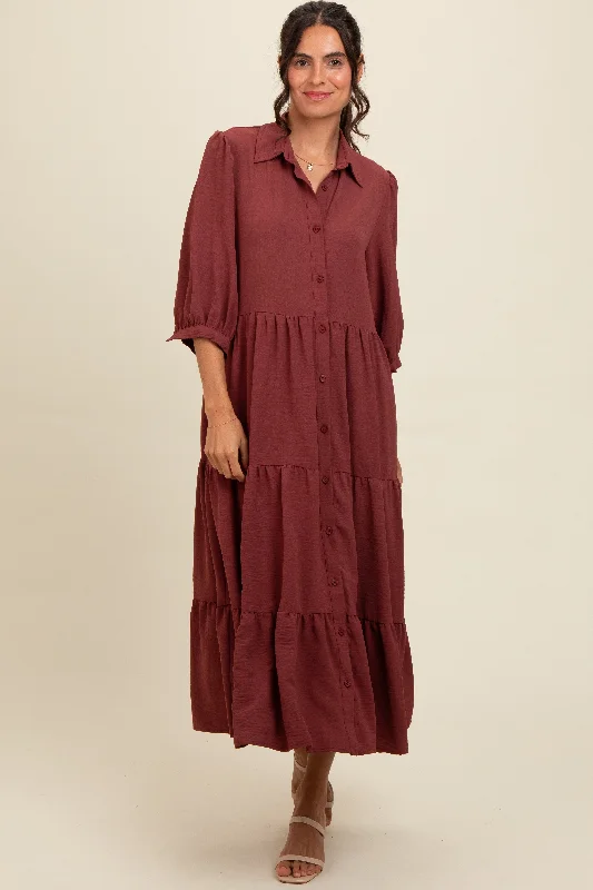 Brown Tiered Button Down Midi Dress Stylish Vintage Midi Dress