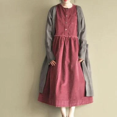 Burgundy corduroy casual maxi dress three quarter sleeve dress Stylish V-Neck Maxi Dress