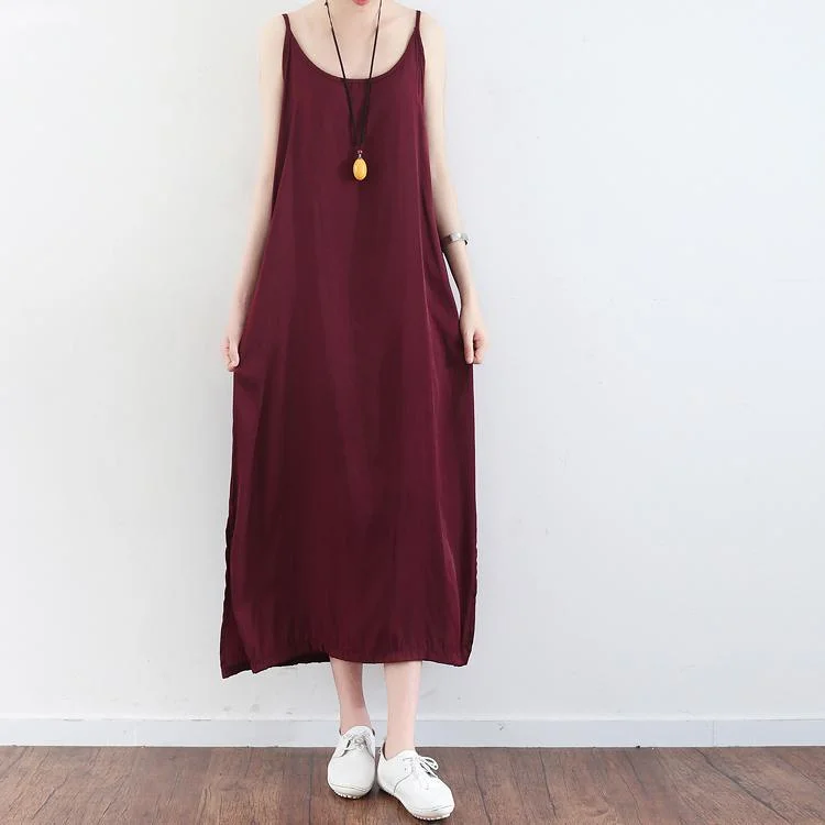 burgundy cotton dresses oversize casual sundress sleeveless maxi dress Trendy Maxi Dress with Lace