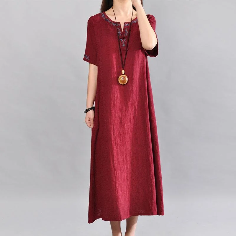 burgundy embroidery linen dresses oversize sundress slim o neck maxi dress Cozy Longline Maxi Dress