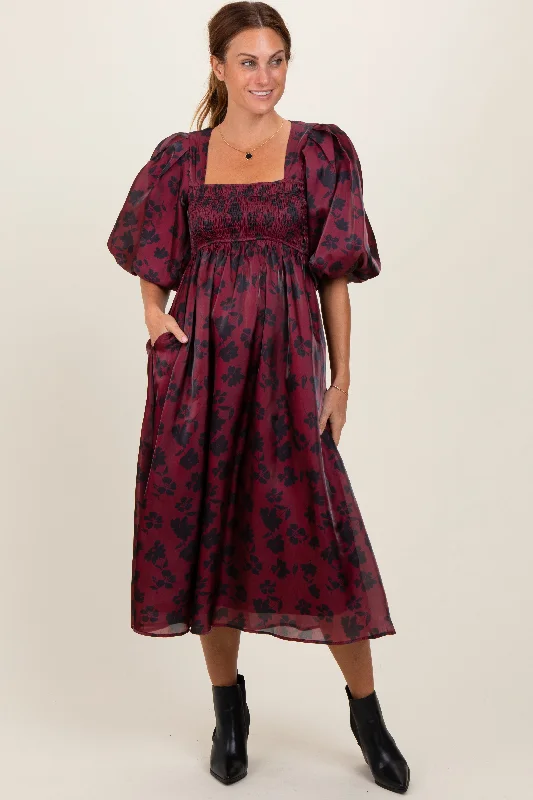 Burgundy Satin Floral Smocked Midi Dress Fashionable Shift Midi Dress