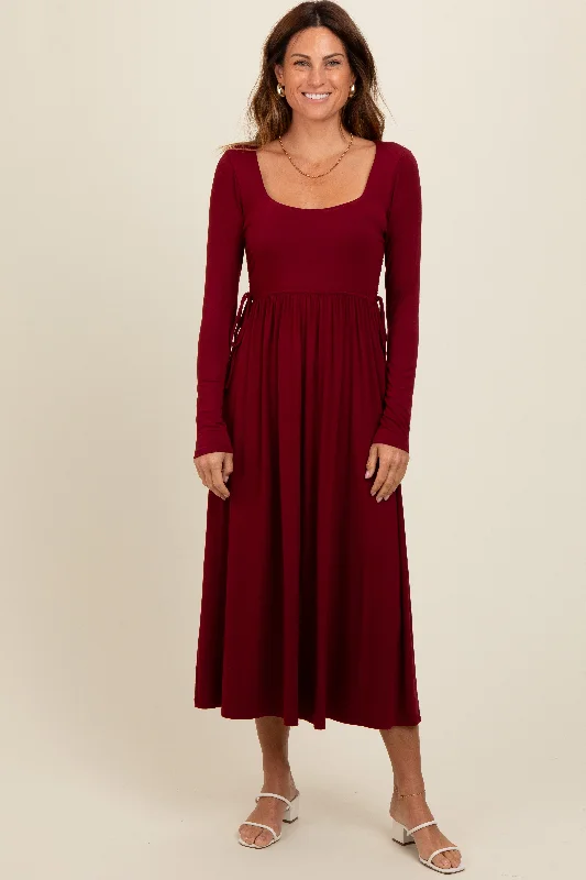 Burgundy Square Neck Long Sleeve Midi Dress Elegant Floral Appliqué Midi Dress