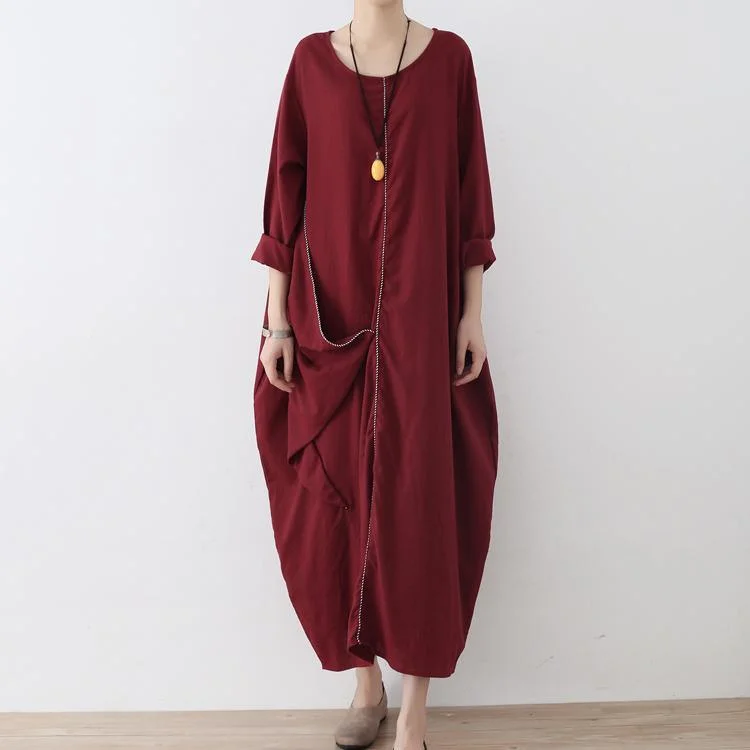 burgundy stylish asymmetric hem linen dresses plus size casual zippered maxi dress Elegant Sleeveless Maxi Dress