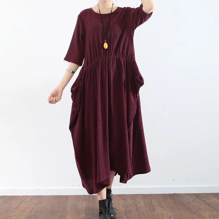 burgundy vintage silk dresses plus size casual half sleeve dress 2017 trend fall elastic waist maxi dress Comfortable Ruffle Hem Maxi Dress