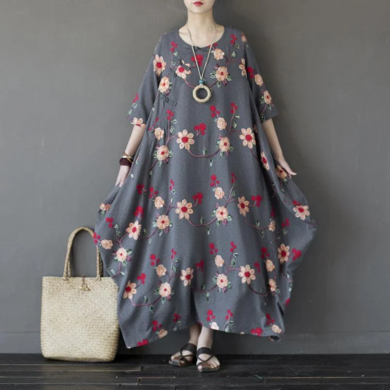 Buy linen Robes Korea o neck pockets Neckline gray floral asymmetric Maxi Dresses Classic Tulle Maxi Dress