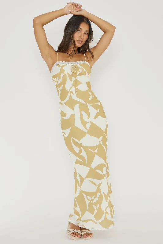 Cali Sunset Lace Trim Maxi Dress Print Yellow Cozy Knitted Maxi Dress