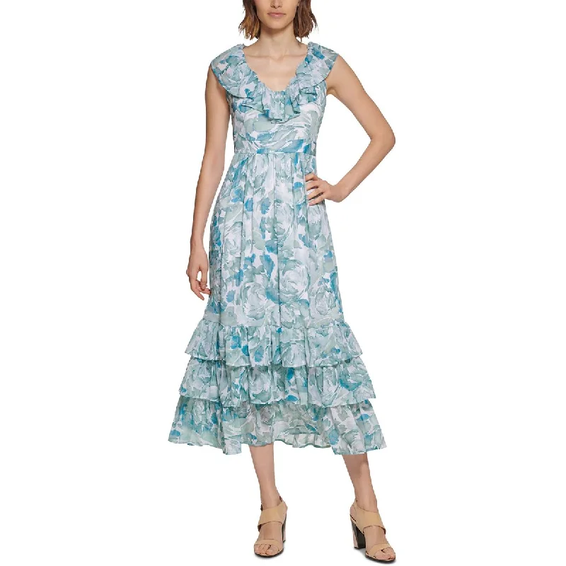 Calvin Klein Womens Chiffon Floral Maxi Dress Fashionable Layered Maxi Dress