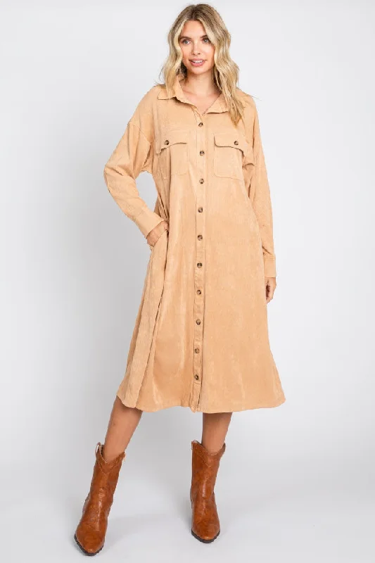 Camel Knit Corduroy Button Down Midi Dress Comfortable Fit-and-Flare Midi Dress