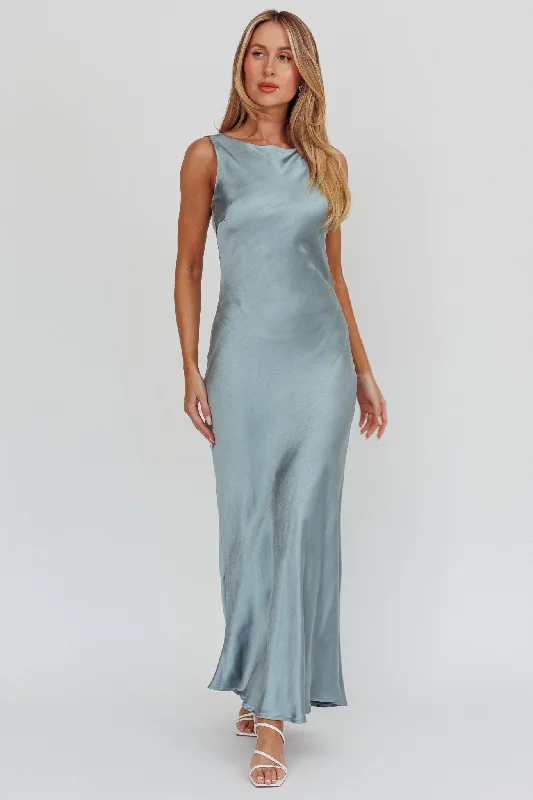 Carmine Satin Sleeveless Maxi Dress Blue Casual Maxi Dress with Pockets