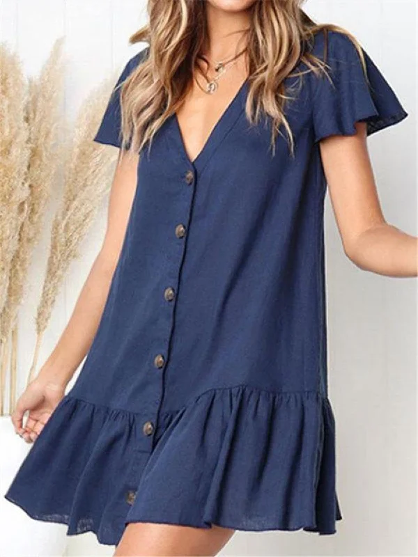Casual Fashion Solid Color Decorative Button Mini Dresses Trendy Denim Mini Dress