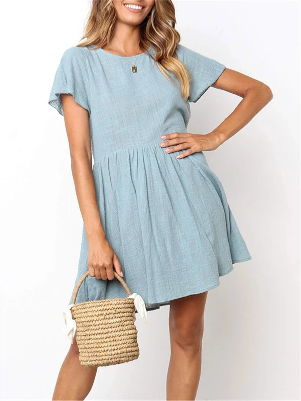 Casual Solid Color Round Neck Loose Mini Dresses Fashionable Mini Dress with Frills