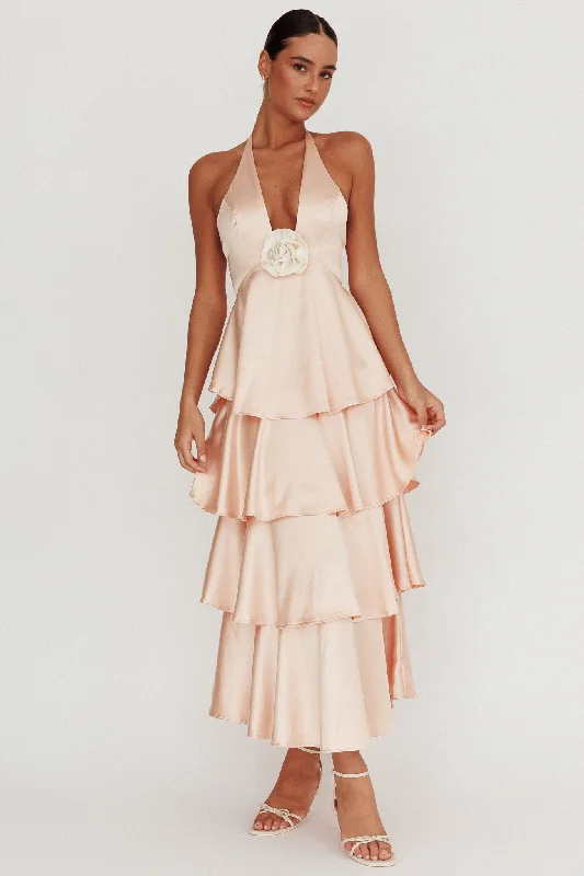 Catalina Tiered Ruffle Rosette Maxi Dress Peach Comfortable Satin Maxi Dress