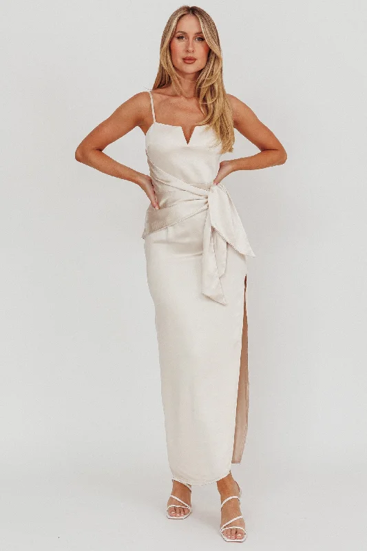 Celestine Waist Tie Satin Maxi Dress Light Champagne Elegant Lace-Up Maxi Dress