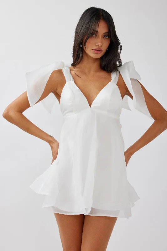 Chantilly Tied Shoulder Mini Dress Solid White Cozy A-Line Mini Dress