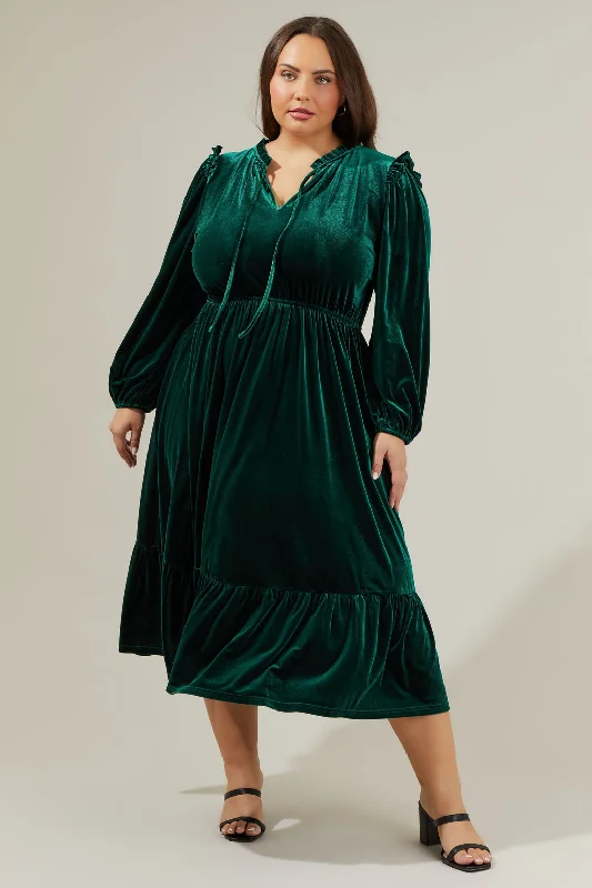 Charleston Ruffle Velvet Midi Dress Curve Trendy Midi Dress with Belt