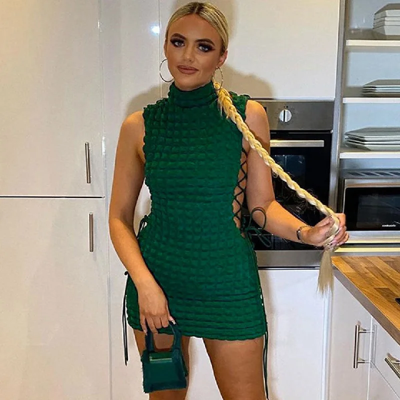 BerryBetty - Check Effect Mock Neck Lace Up Cutout Club Mini Dress - Emerald Green Comfortable Boho Mini Dress BerryBetty - Check Effect Mock Neck Lace Up Cutout Club Mini Dress - Emerald Green Comfortable Boho Mini Dress
