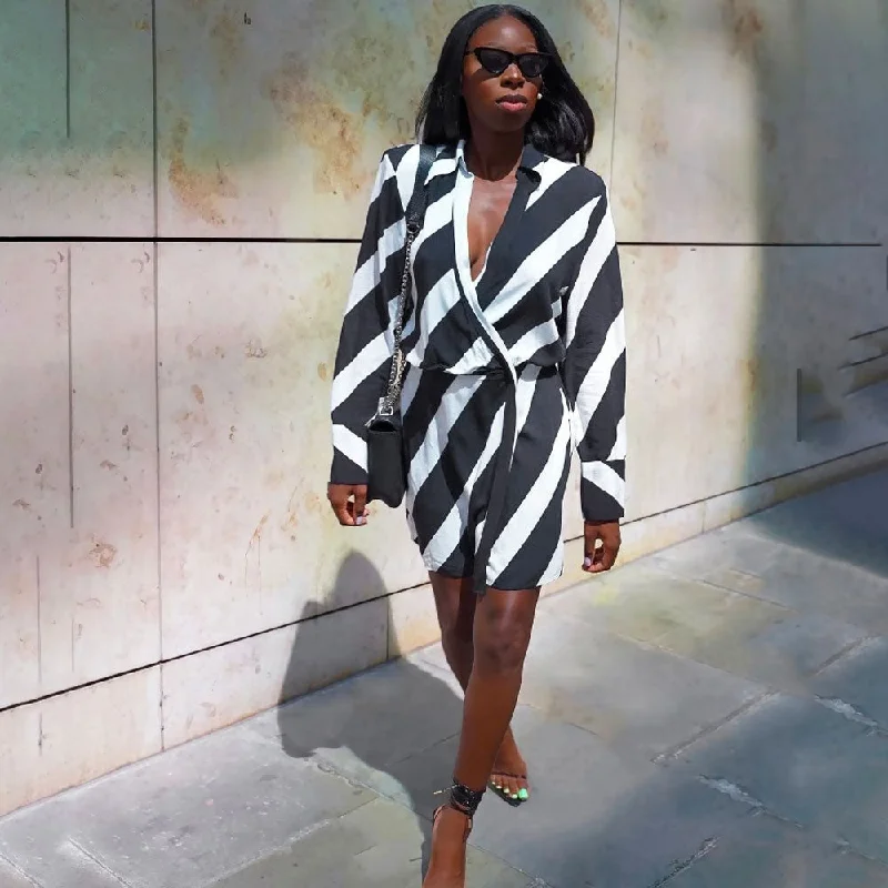 BerryBetty - Diagonal Stripe Print Shoulder Pad Deep V Wrap Mini Dress - Black Fashionable A-Line Mini Dress BerryBetty - Diagonal Stripe Print Shoulder Pad Deep V Wrap Mini Dress - Black Fashionable A-Line Mini Dress
