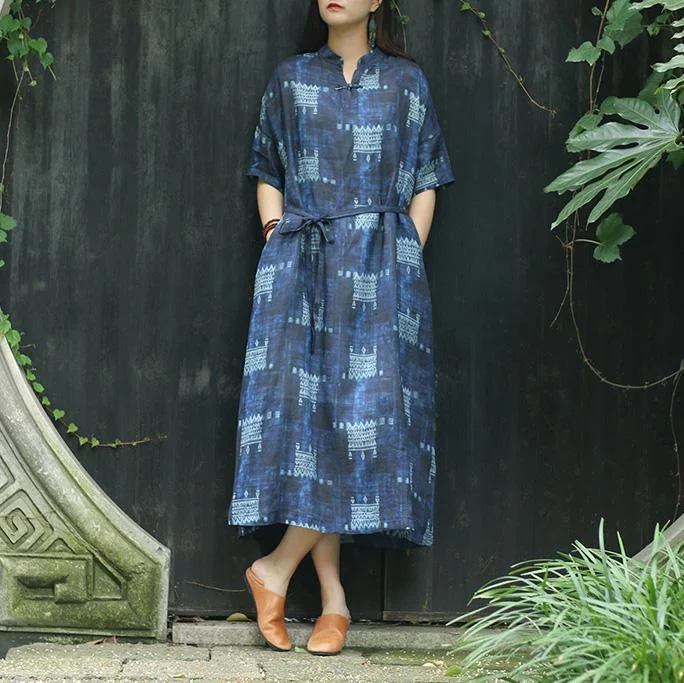 Chic o neck tie waist linen dress Organic Outfits blue black Plaid Maxi Dress Summer Fashionable Off-Shoulder Maxi Dress