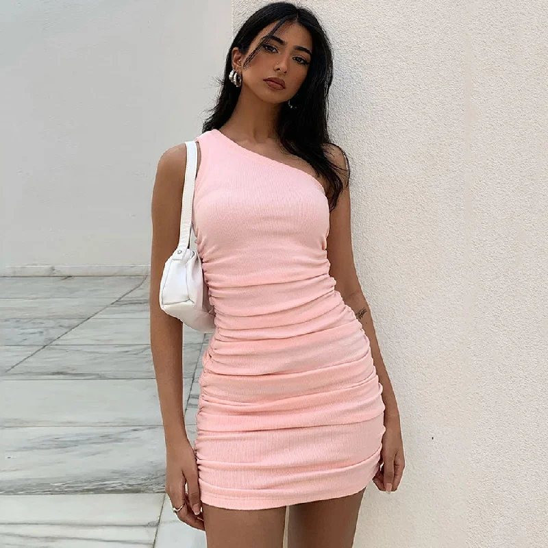 BerryBetty - One Shoulder Sleeveless Ribbed Bodycon Ruched Mini Dress - Pink Chic Pleated Mini Dress
