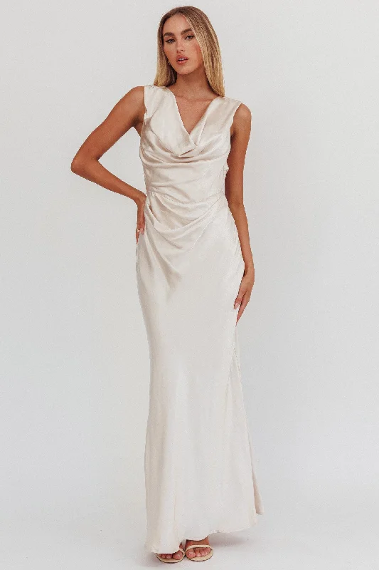Chills Cowl Neck Satin Maxi Dress Champagne Comfortable Long-Sleeve Maxi Dress