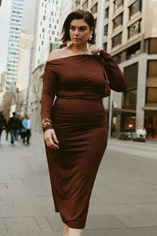 Christabel Recycled Nylon Ruched Midi Dress - Chocolate Comfortable Casual Midi Dress
