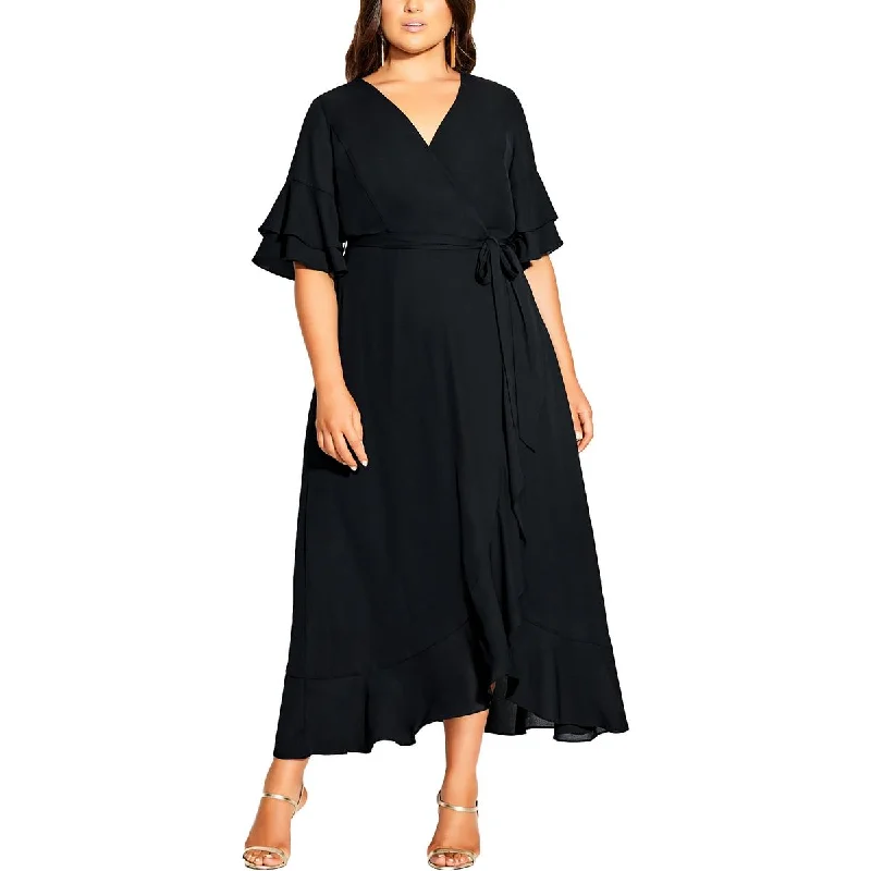 City Chic Womens Plus Flutter Sleeve Long Maxi Dress Comfortable Pleated Maxi Dress