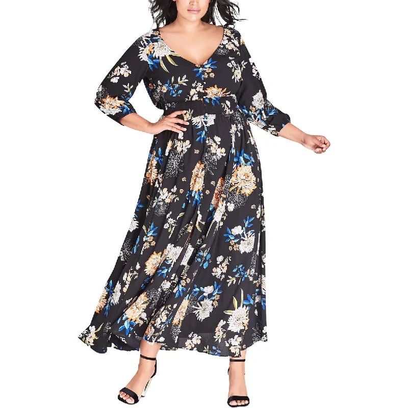 City Chic Womens Plus Full Length Floral Print Maxi Dress Fashionable Button-Down Maxi Dress